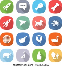 flat vector icon set - rocket vector, message, chicken leg, bone, deltaplane, dog, satellite, sieve, sheep, goose, cleanser, garden cleaning