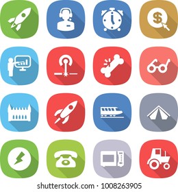 flat vector icon set - rocket vector, call center, alarm clock, dollar arrow, presentation, laser, broken bone, pacemaker, gothic architecture, train, tent, electricity, phone, microwave oven