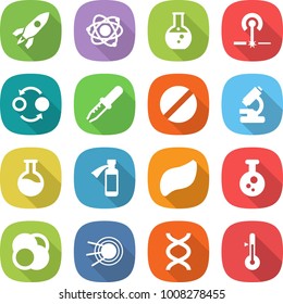 flat vector icon set - rocket vector, atom, round flask, laser, quantum bond, pipette, pill, microscope, potion bottle, liver, chemical, core, satellite, dna, thermometer