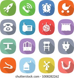 flat vector icon set - rocket vector, call, alarm clock, baby stroller, phone, disco ball, curtain, table, dresser, chair, plug, walnut crack, hand mill, windmill, horseshoe