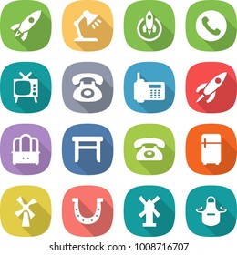 flat vector icon set - rocket vector, table lamp, phone, tv, dresser, stool, fridge, windmill, horseshoe, apron