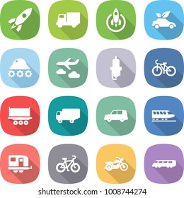 flat vector icon set - rocket vector, truck, eco car, lunar rover, journey, spark plug, bike, shipping, train, trailer, motorcycle, speed