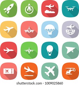 flat vector icon set - rocket vector, weather management, drone, plane, parachute delivery, shipping, air ballon, deltaplane, ticket, arrival, helicopter