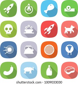 flat vector icon set - rocket vector, chicken leg, head reflector, skull, flower bed, dog, satellite, kettle, sieve, sheep, eggplant, cleanser, sponge with foam