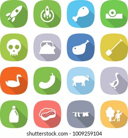 flat vector icon set - rocket vector, chicken leg, head reflector, skull, kettle, shovel, goose, eggplant, sheep, cleanser, sponge with foam, drying clothes, garden cleaning