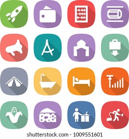 flat vector icon set - rocket vector, wallet, abacus, nano tube, megafon, draw compass, minaret, baggage get, tent, bath, bed, antenna signal, corn, cheese, kitchen cleaning, vacuum cleaner