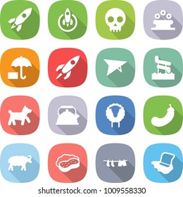 flat vector icon set - rocket vector, skull, flower bed, insurance, deltaplane, aquapark, dog, kettle, sheep, eggplant, sponge with foam, drying clothes, floor washing