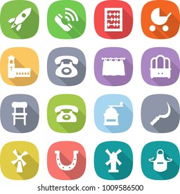 flat vector icon set - rocket vector, call, abacus, baby stroller, church, phone, curtain, dresser, chair, hand mill, sickle, windmill, horseshoe, apron