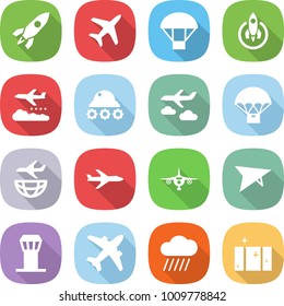 flat vector icon set - rocket vector, plane, parachute, weather management, lunar rover, journey, delivery, shipping, deltaplane, airport tower, airplane, rain cloud, clean window