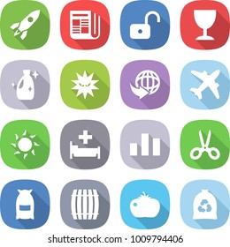 flat vector icon set - rocket vector, newspaper, unlock, wineglass, cleanser, virus, delivery, airplane, sun, hospital, chart, scissors, flour, barrel, tomato, garbage bag