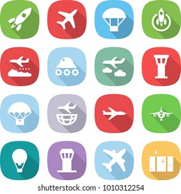 flat vector icon set - rocket vector, plane, parachute, weather management, lunar rover, journey, airport tower, delivery, shipping, air ballon, airplane, clean window