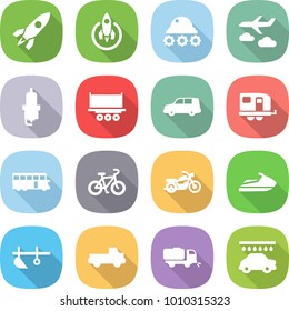 flat vector icon set - rocket vector, lunar rover, journey, spark plug, truck shipping, car, trailer, bus, bike, motorcycle, jet ski, plow, pickup, sweeper, wash