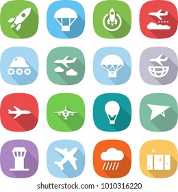 flat vector icon set - rocket vector, parachute, weather management, lunar rover, journey, delivery, plane shipping, air ballon, deltaplane, airport tower, airplane, rain cloud, clean window
