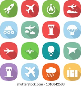 flat vector icon set - rocket vector, plane, weather management, lunar rover, journey, airport tower, parachute delivery, air ballon, deltaplane, airplane, rain cloud, clean window