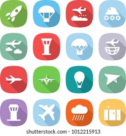 flat vector icon set - rocket vector, parachute, weather management, lunar rover, journey, airport tower, delivery, plane shipping, air ballon, deltaplane, airplane, rain cloud, clean window