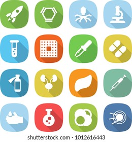 flat vector icon set - rocket vector, hex molecule, virus, microscope, vial, cpu, pipette, pill, potion bottle, kidneys, liver, syringe, acid, chemical, atom core, satellite