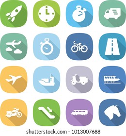 flat vector icon set - rocket vector, clock, stopwatch, delivery, journey, bike, road, plane, sea shipping, scooter, train, motorcycle, escalator, speed, horse