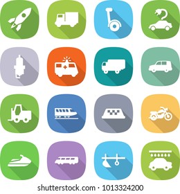 flat vector icon set - rocket vector, truck, gyroscooter, electric car, spark plug, ambulance, shipping, fork loader, train, taxi, motorcycle, jet ski, speed, plow, wash