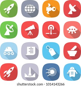 flat vector icon set - rocket vector, globe, satellite, antenna, telescope, laser, ufo, lunar rover, shopping list, label, mortar, start, robot