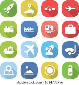 flat vector icon set - rocket vector, car pointer, drawbridge, plane, train, trailer, suitcase, baggage checking, airplane, island, diving mask, map, landscape, orbit, please clean