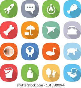flat vector icon set - rocket vector, message, chicken leg, bone, insurance, deltaplane, kettle, sieve, sheep, goose, foam bucket, cleanser, garden cleaning, floor washing