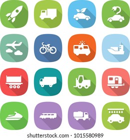 flat vector icon set - rocket vector, truck, eco car, electric, journey, bike, ambulance, sea shipping, fork loader, trailer, jet ski, speed train, sweeper, wash