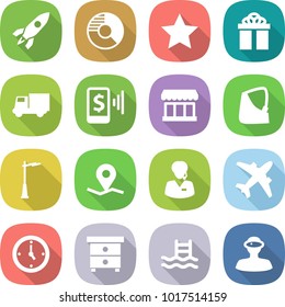 flat vector icon set - rocket vector, circle diagram, star, gift, truck, mobile pay, market, broken hand, outdoor light, geo pin, support manager, airplane, watch, nightstand, pool, vr helmet