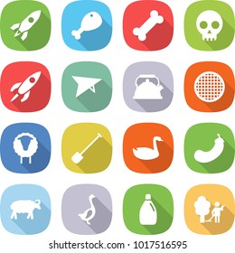 flat vector icon set - rocket vector, chicken leg, bone, skull, deltaplane, kettle, sieve, sheep, shovel, goose, eggplant, cleanser, garden cleaning