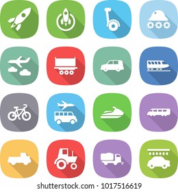 flat vector icon set - rocket vector, gyroscooter, lunar rover, journey, truck shipping, car, train, bike, transfer, jet ski, speed, pickup, tractor, sweeper, wash