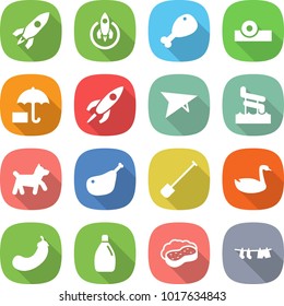 flat vector icon set - rocket vector, chicken leg, head reflector, insurance, deltaplane, aquapark, dog, shovel, goose, eggplant, cleanser, sponge with foam, drying clothes