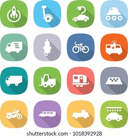 flat vector icon set - rocket vector, gyroscooter, electric car, lunar rover, delivery, spark plug, bike, ambulance, shipping, fork loader, trailer, taxi, motorcycle, speed train, pickup, wash