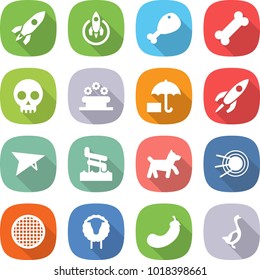 flat vector icon set - rocket vector, chicken leg, bone, skull, flower bed, insurance, deltaplane, aquapark, dog, satellite, sieve, sheep, eggplant, goose