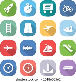 flat vector icon set - rocket vector, stopwatch, delivery, bike, ladder, road, plane, sea shipping, train, sail boat, escalator, barometer, watch, start, speed