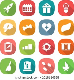 flat vector icon set - rocket vector, calendar, gift, bulb, brain, bone, heart cross, liver, clipboard pen, sorting, sun, wardrobe, broom, kettle, seeds, fire