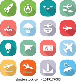 flat vector icon set - rocket vector, drone, journey, plane, parachute delivery, shipping, air ballon, deltaplane, ticket, airplane, departure, arrival, start, wasp