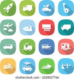 flat vector icon set - rocket vector, truck, eco car, gyroscooter, journey, sea shipping, fork loader, train, trailer, motorcycle, transfer, jet ski, plow