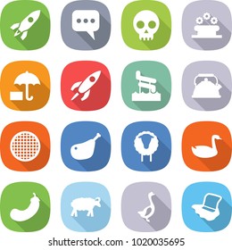 flat vector icon set - rocket vector, message, skull, flower bed, insurance, aquapark, kettle, sieve, chicken leg, sheep, goose, eggplant, floor washing