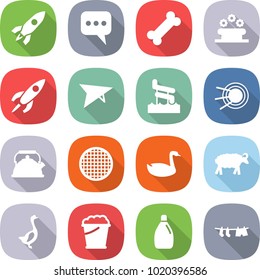 flat vector icon set - rocket vector, message, bone, flower bed, deltaplane, aquapark, satellite, kettle, sieve, goose, sheep, foam bucket, cleanser, drying clothes