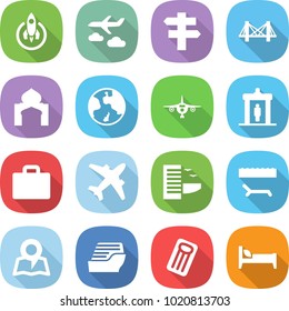 flat vector icon set - rocket vector, journey, singlepost, bridge, minaret, earth, plane, detector, suitcase, airplane, hotel, lounger, map, cruise ship, inflatable mattress, bed