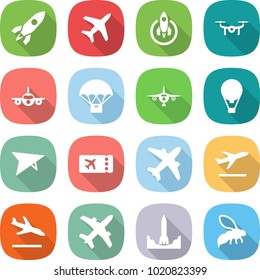 flat vector icon set - rocket vector, plane, drone, parachute delivery, air ballon, deltaplane, ticket, airplane, departure, arrival, start, wasp