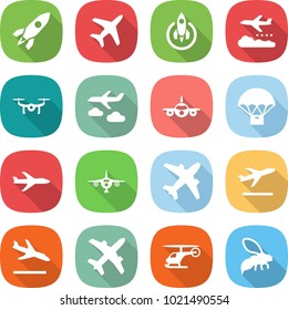 flat vector icon set - rocket vector, plane, weather management, drone, journey, parachute delivery, airplane, departure, arrival, helicopter, wasp