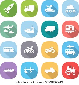 flat vector icon set - rocket vector, truck, eco car, lunar rover, journey, sea shipping, trailer, bus, bike, motorcycle, transfer, speed train, plow, pickup, tractor