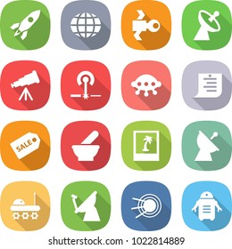 flat vector icon set - rocket vector, globe, satellite, antenna, telescope, laser, ufo, shopping list, sale label, mortar, photo, lunar rover, robot