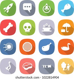flat vector icon set - rocket vector, message, chicken leg, bone, skull, flower bed, insurance, satellite, sieve, goose, sponge with foam, drying clothes, garden cleaning