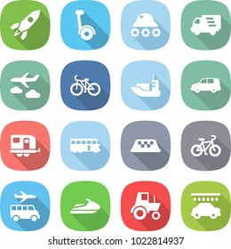 flat vector icon set - rocket vector, gyroscooter, lunar rover, delivery, journey, bike, sea shipping, car, trailer, bus, taxi, transfer, jet ski, tractor, wash