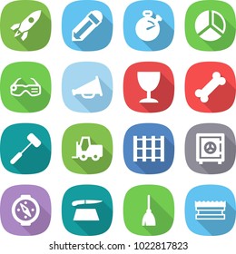 flat vector icon set - rocket vector, pencil, stopwatch, diagram, smart glasses, loudspeaker, wineglass, bone, doctors hammer, fork loader, pallet, safe, compass, cutting board, broom, sponge