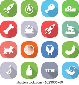 flat vector icon set - rocket vector, chicken leg, head reflector, bone, flower bed, aquapark, dog, sieve, sheep, eggplant, goose, cleanser, drying clothes, floor washing