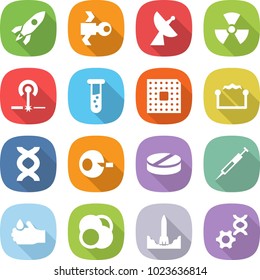 flat vector icon set - rocket vector, satellite, antenna, nuclear, laser, vial, cpu, electrostatic, dna, artificial insemination, pill, syringe, acid, atom core, start, edit
