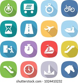 flat vector icon set - rocket vector, delivery, stopwatch, bike, sand clock, road, plane, sea shipping, courier, sail boat, escalator, watch, start, horse