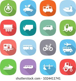 flat vector icon set - rocket vector, eco car, ambulance, sea shipping, truck, fork loader, trailer, bus, bike, transfer, jet ski, speed train, plow, tractor